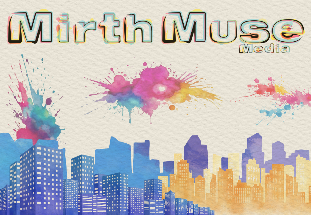 Watercolor graphic featuring the Mirth Muse Media logo, vibrant paint splatters, and a city skyline symbolizing the brand development process.
