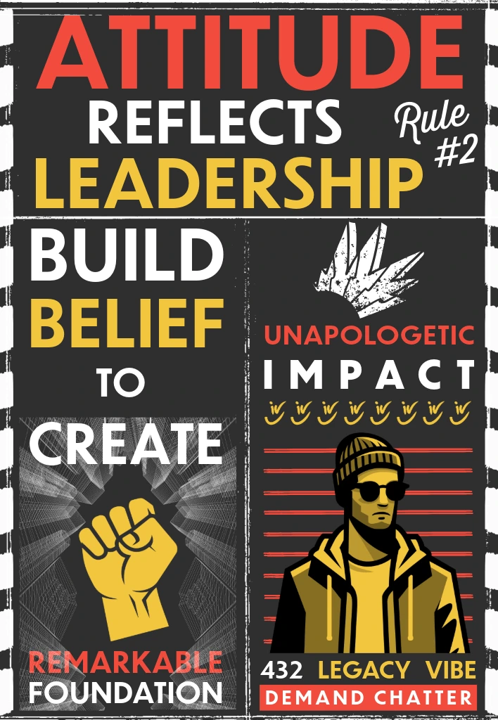 A motivational poster with a bold, street-art style in red, yellow, black, and white. The poster features text such as "Attitude Reflects Leadership Rule #2," "Build Belief to Create," and "Unapologetic Impact." It includes graphics of a clenched fist and a stylized man wearing a beanie and sunglasses.