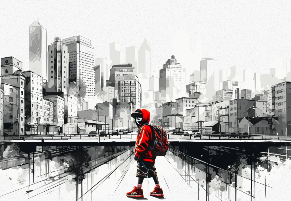 Kid in a red hoodie on a bridge facing a grayscale city, ready to move.