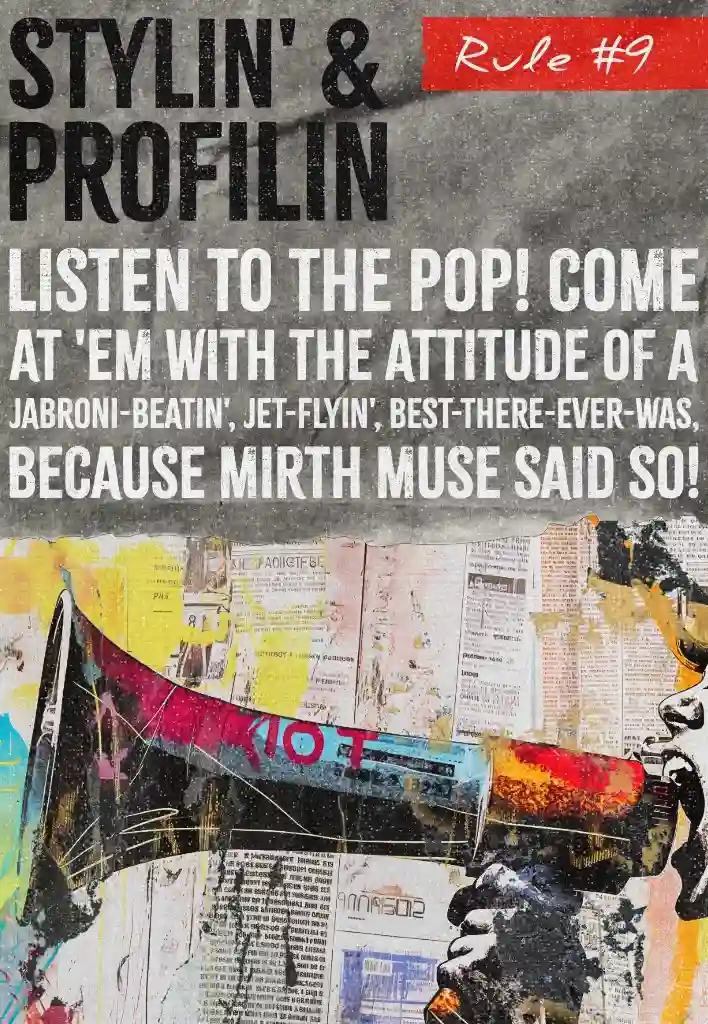 A vintage-style poster with a distressed texture, featuring large, dark text at the top that reads "STYLIN' & PROFILIN'" and a red banner next to it with "Rule #9" in white handwritten script. Below this, in large, white, textured capital letters, is the quote: "LISTEN TO THE POP! COME AT 'EM WITH THE ATTITUDE OF A JABRONI-BEATIN', JET-FLYIN', BEST-THERE-EVER-WAS, BECAUSE MIRTH MUSE SAID SO!". The bottom half of the poster shows a torn-edge collage of old newspaper clippings and paint splatters, with a person holding a large, colorful, graffiti-covered megaphone.